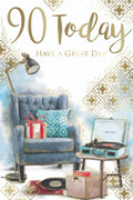 90th Happy Birthday Card 90 Today Arm Chair Record Player Design Lovely Verse