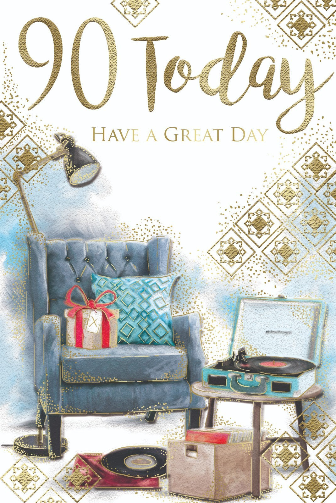 90th Happy Birthday Card 90 Today Arm Chair Record Player Design Lovely Verse