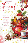 Christmas Card To Special Friend Large Pudding Teapot Festive 15x23cm
