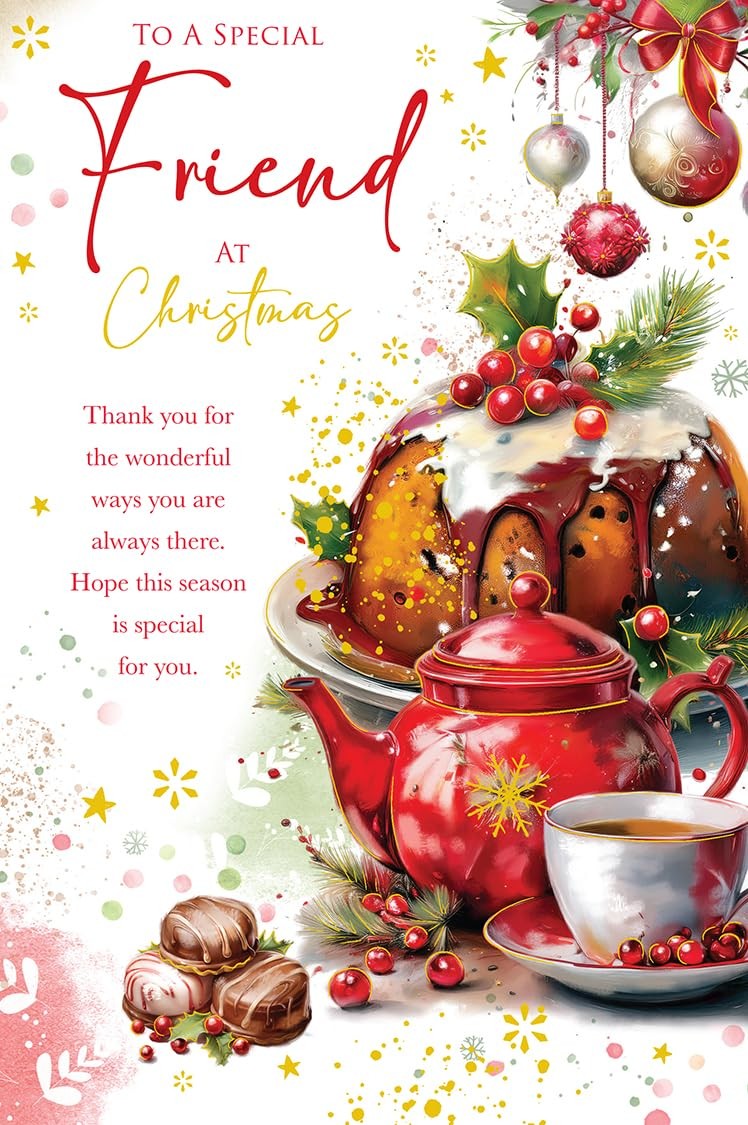 Christmas Card To Special Friend Large Pudding Teapot Festive 15x23cm