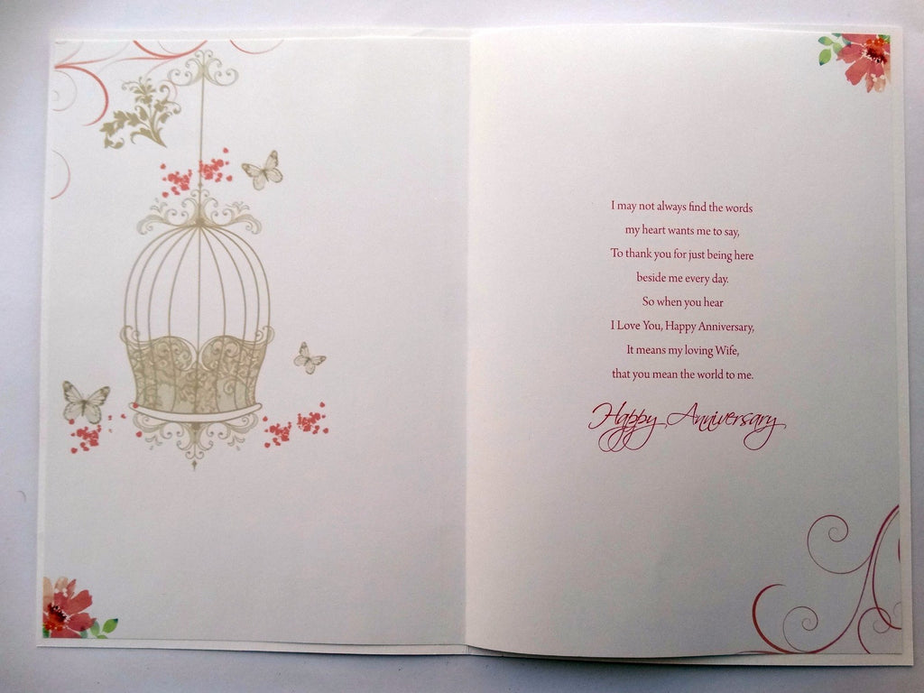 Beautiful Wife Anniversary Card With Love To My Butterfly Cage & Flowers Design