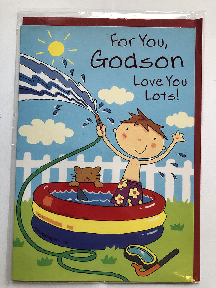 Godson Happy Birthday Card Cute Boy Hosepipe Swimming Pool Cat Shark