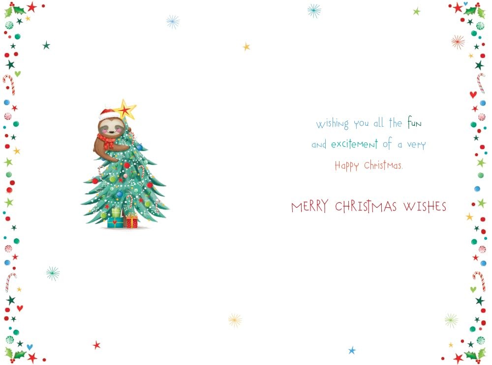 Grandson Christmas Card Cute Sloth Tree Gifts Stars 9" x 6" Lovely Verse