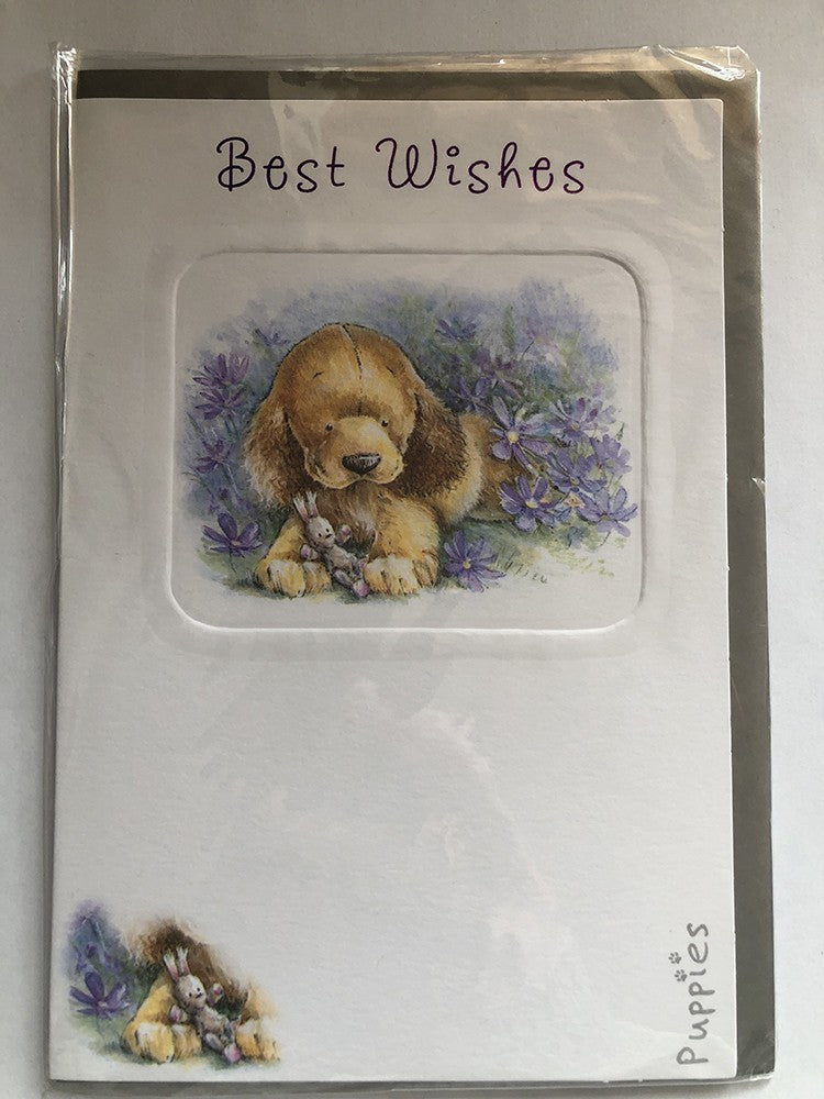 Good Luck Best Wishes Card Cute Dog & Rabbit Puppies Drawing