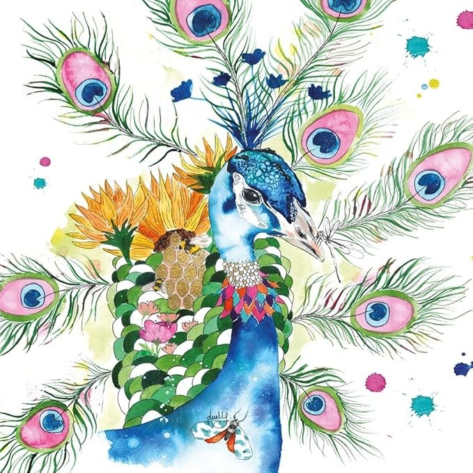 Peacock Greeting Card  Wildlife & Floral Design  16x16cm  Blank Inside