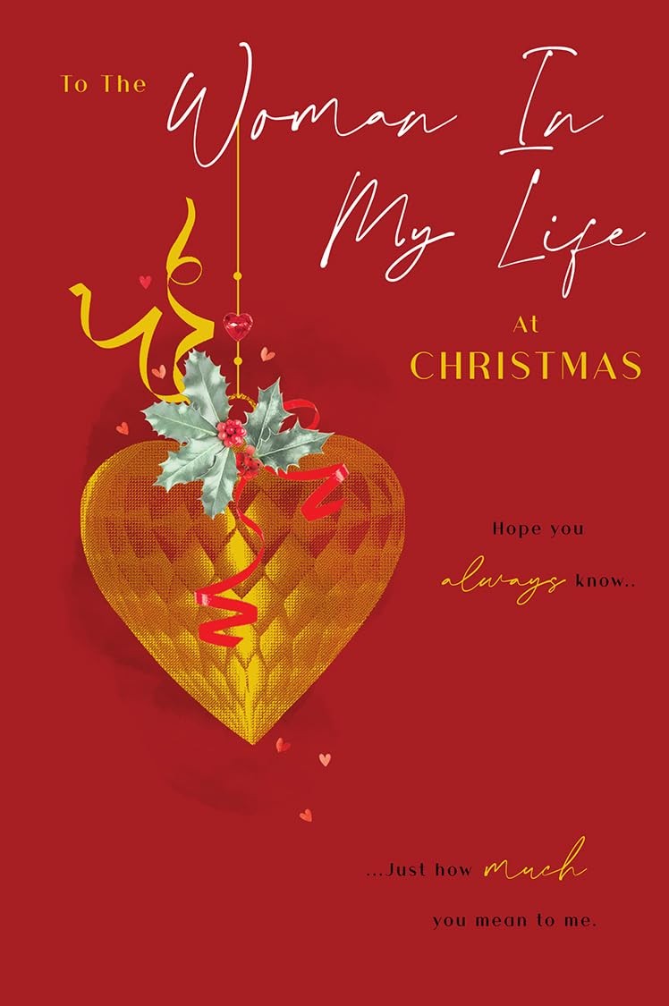 Christmas Card To Woman In My Life Large Gold Heart Holly Jewel 15x23cm