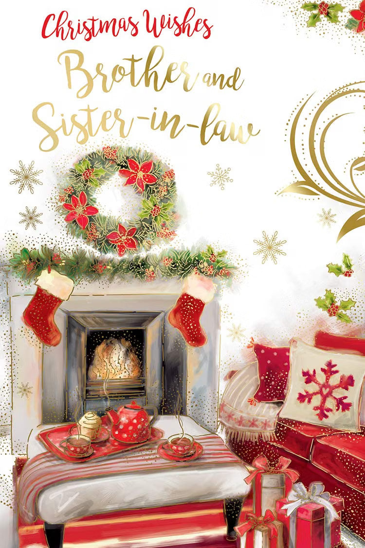 Brother & Sister In Law Christmas Card Open Fire Mantle Tea Design Lovely Verse