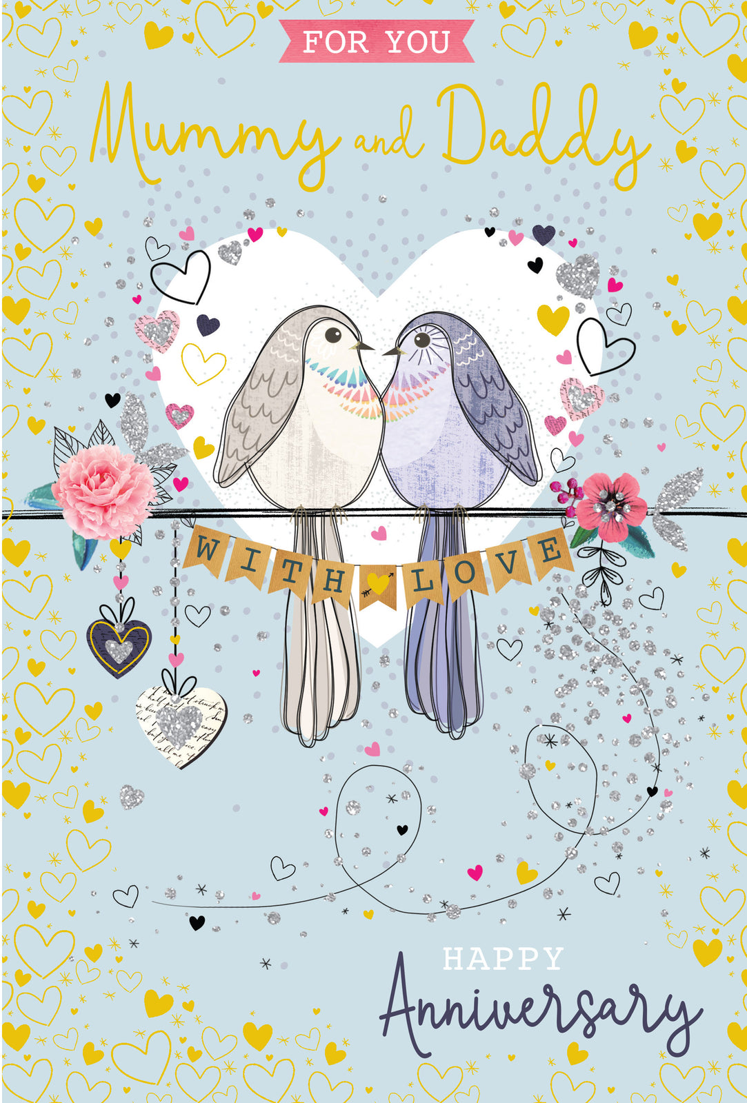 Mummy and Daddy Anniversary Card - Cute Birds & Hearts - For You