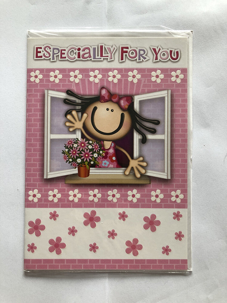 Open Female Happy Birthday Card Girl Window Flowers Especially For You