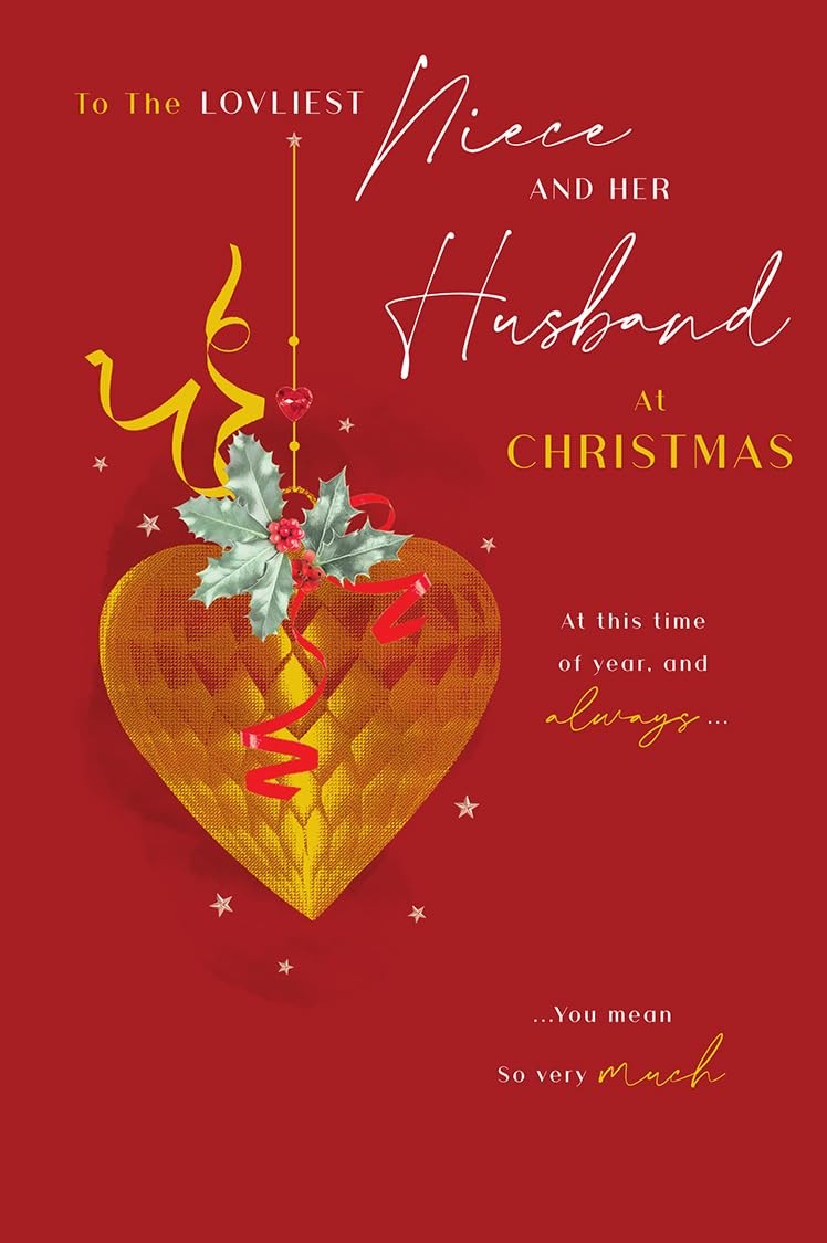 Christmas Card Loveliest Niece & Husband Large Gold Heart Holly 15x23cm
