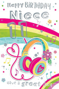 Happy Birthday Niece 11th Card - Girls Music Headphones Rainbow Design