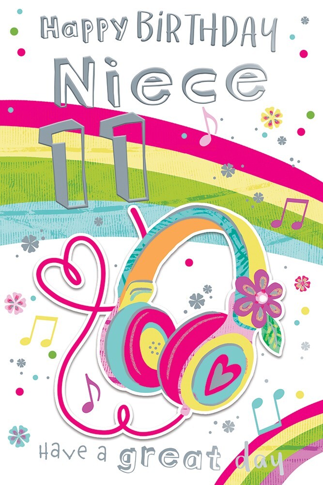 Happy Birthday Niece 11th Card - Girls Music Headphones Rainbow Design