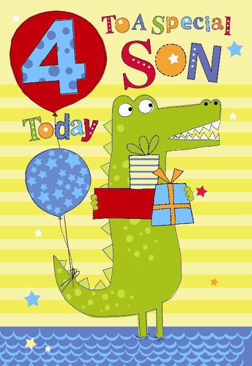 Son 4th Birthday Card Age 4 Today Crocodile & Presents Design Happy