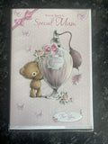 Mum Happy Birthday Card Cute Bear Holding Perfume Spayer & Flowers