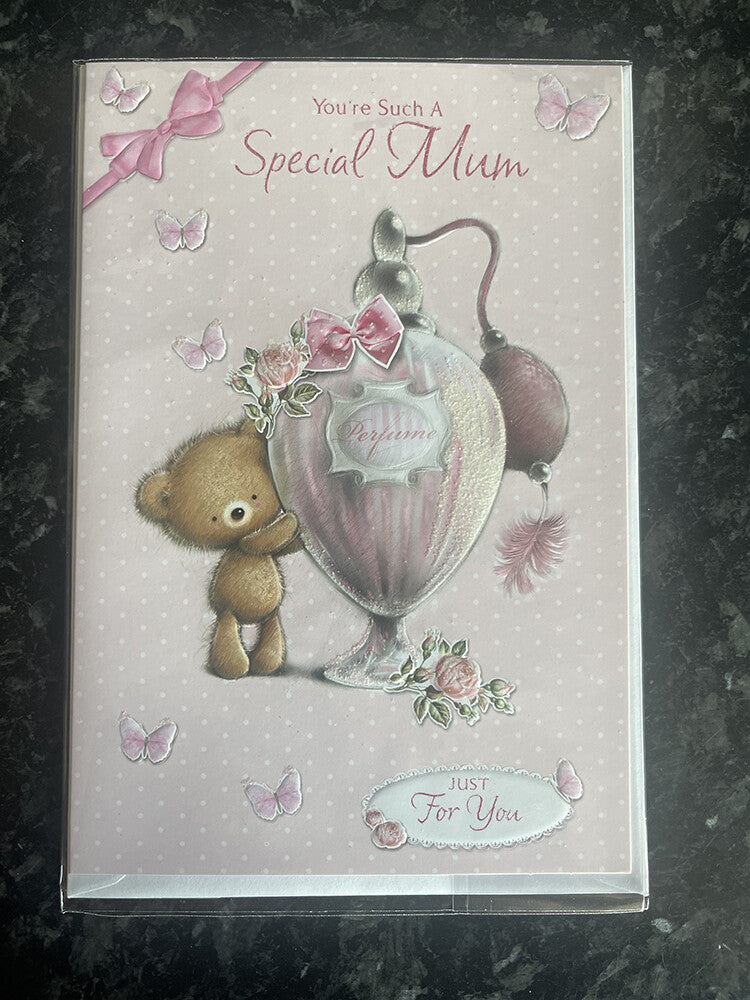 Mum Happy Birthday Card Cute Bear Holding Perfume Spayer & Flowers