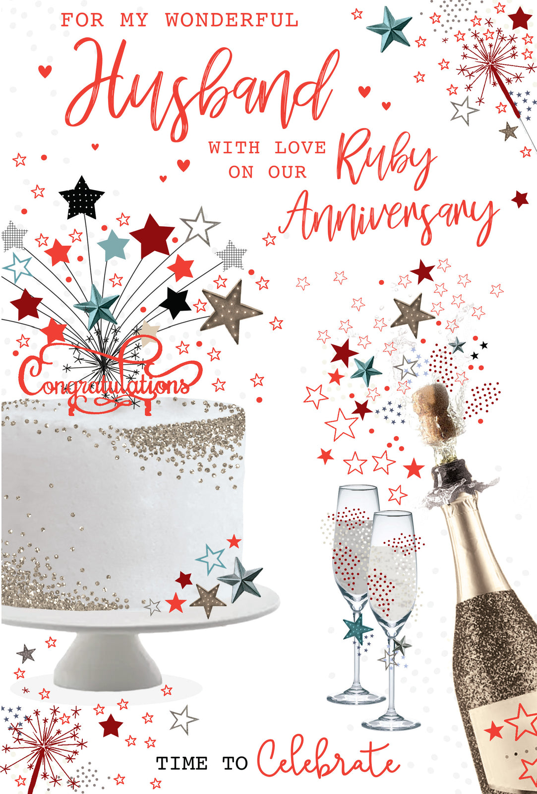 Wonderful Husband Ruby Anniversary Card - 40th Wedding - Cake Champagne Stars