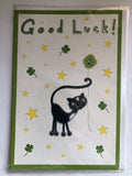 Good Luck Best Wishes Card Black Cat Luck Shamrock Four Leaf Clower Stars