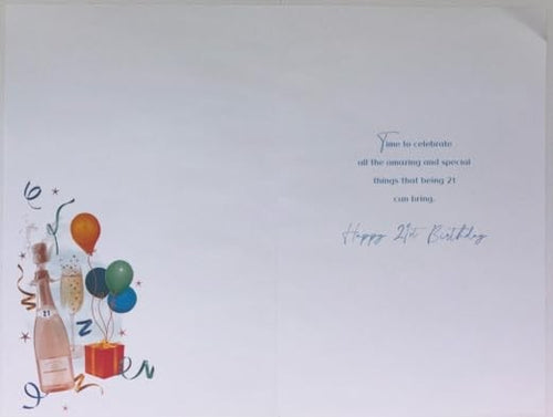 21st Birthday Card  Champagne Bottle & Balloons  15x23cm Insert