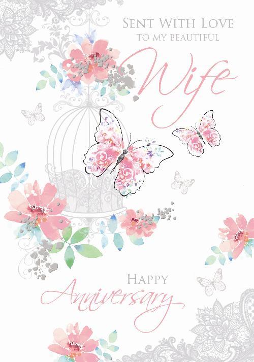 Beautiful Wife Anniversary Card With Love To My Butterfly Cage & Flowers Design