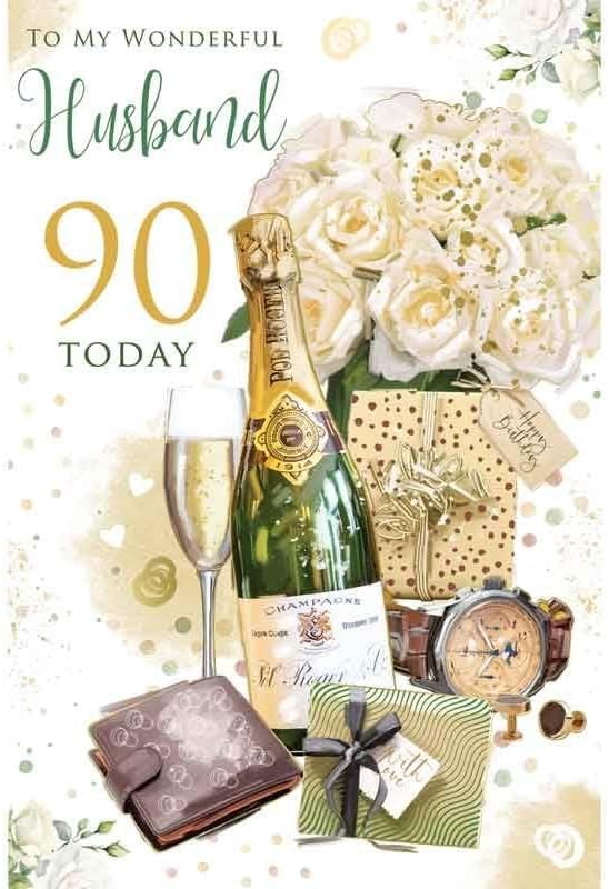 90th Birthday Card for Husband  Champagne & Gift Design  15x23cm Insert