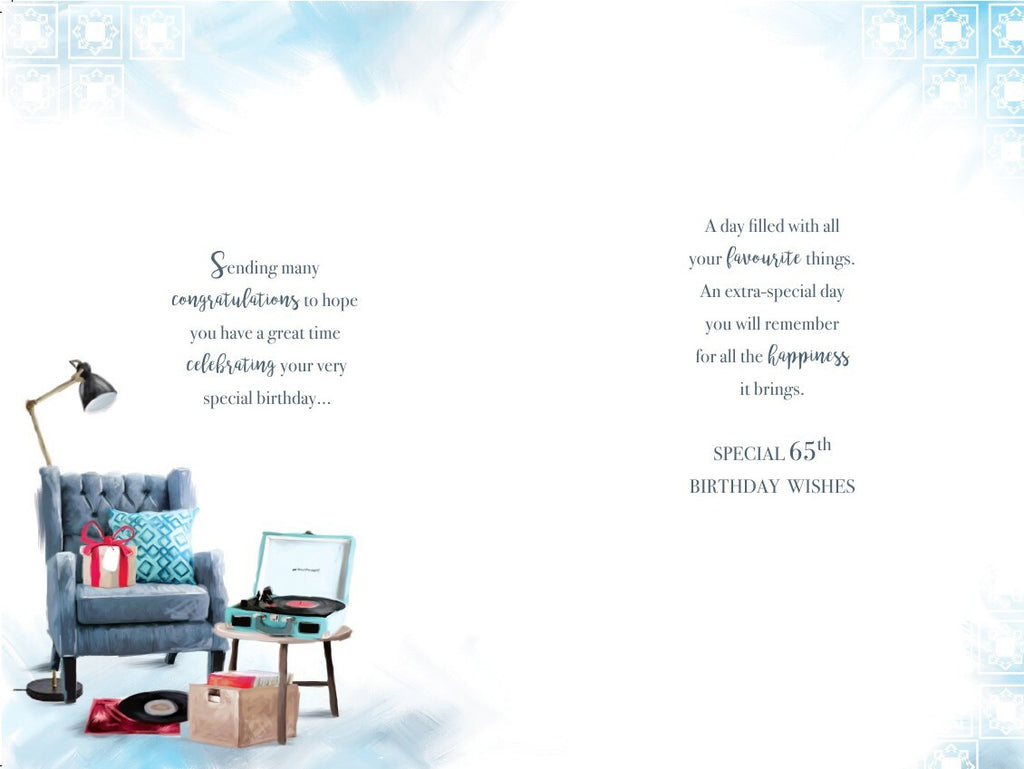 65th Happy Birthday Card 65 Today Arm Chair Record Player Design Lovely Verse