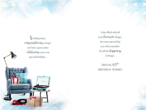 65th Happy Birthday Card 65 Today Arm Chair Record Player Design Lovely Verse