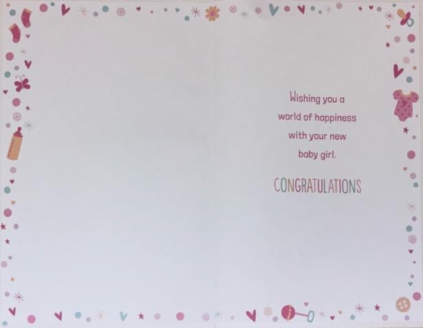 New Baby Girl Greeting Card  Pink Icons & Verse  15x23cm with Colour Insert