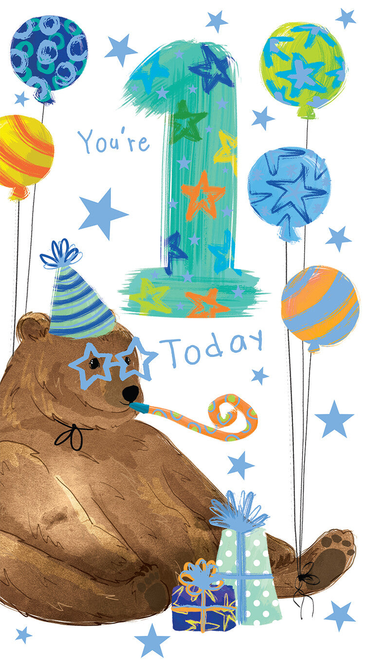 Age 1 Male 1st Birthday Card Bear 9" x 5" Lovely Verse