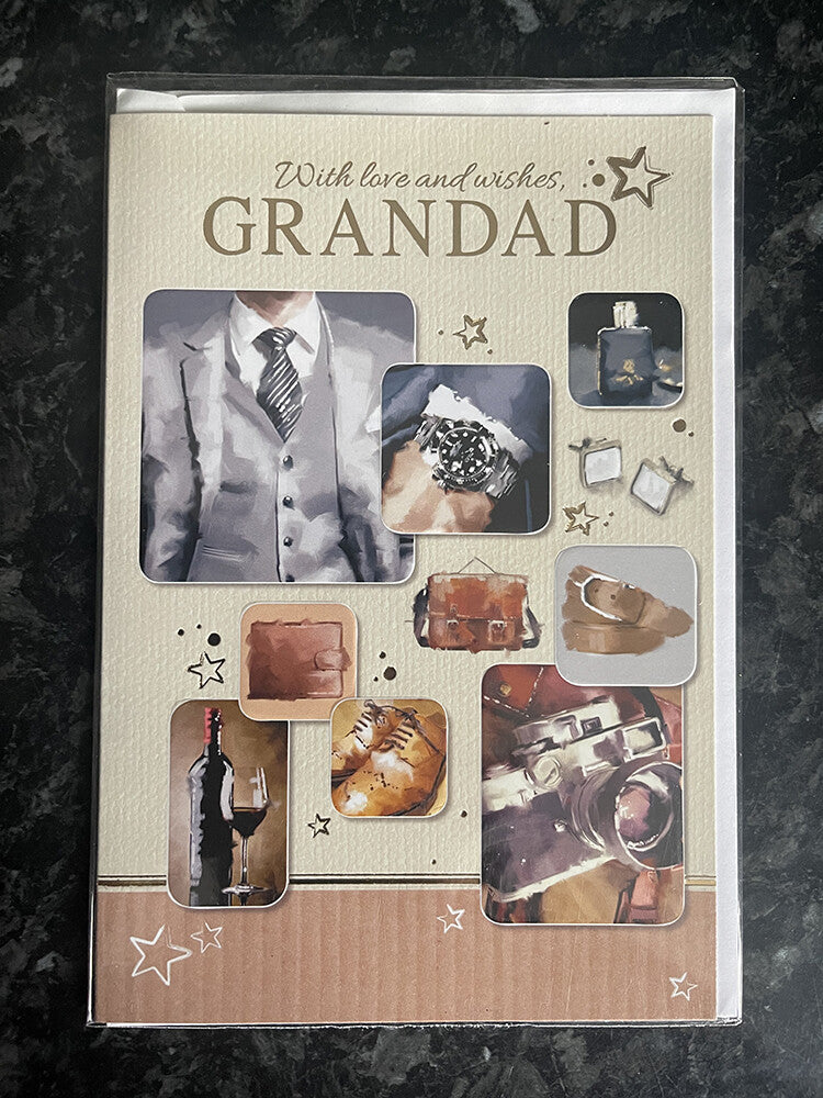 Grandad Happy Birthday Card Suit Watch Cufflinks Red Wine Belt Camera