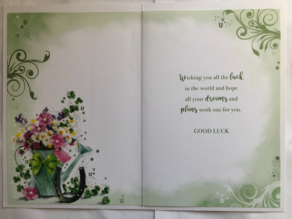 Good Luck Card 13cm x 19cm Floral Watering Can & Horseshoe Verse Inside