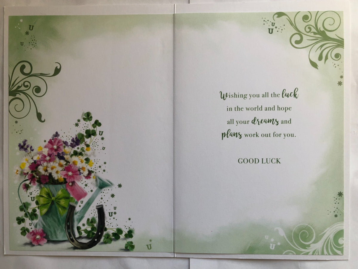 Good Luck Card 13cm x 19cm Floral Watering Can & Horseshoe Verse Inside
