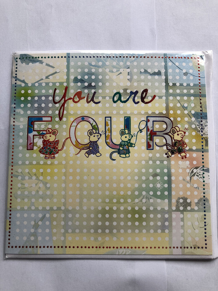 Age 4 Female Birthday Card 4th Cute Mice Word Balloon Roller Skates