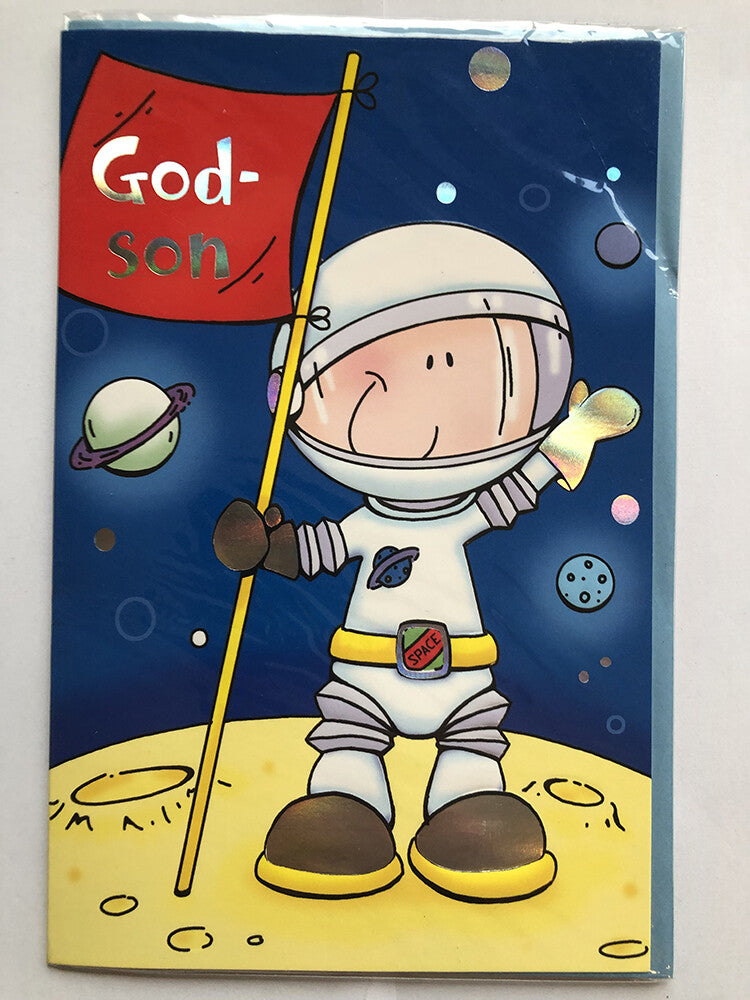 Godson Happy Birthday Card Cute Boy Astronaut Flag Standing On The Moon