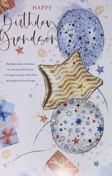 Birthday Card for Grandson  Balloons & Presents  15x23cm  Colour Insert