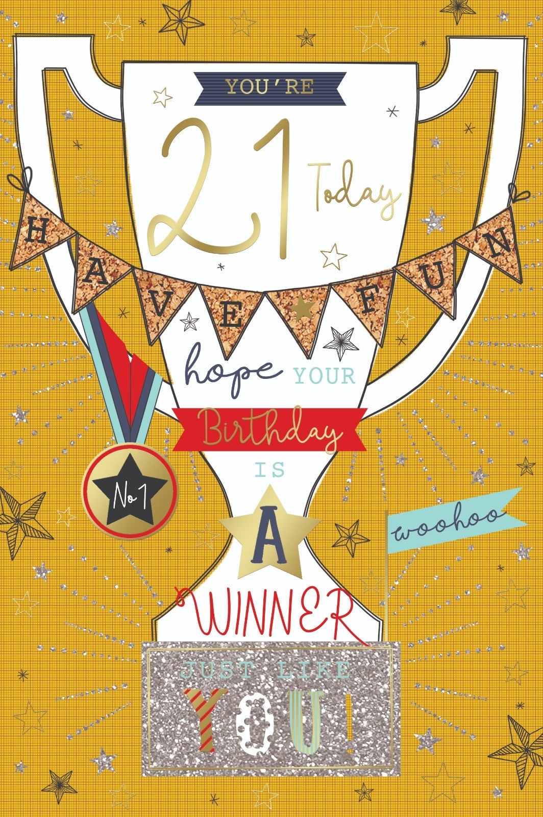21st Happy Birthday Card  21 Today Trophy & Bunting Male Design Lovely Verse