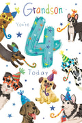 4th Birthday Card for Grandson  Dog Party Design  15x23cm  Colour Insert