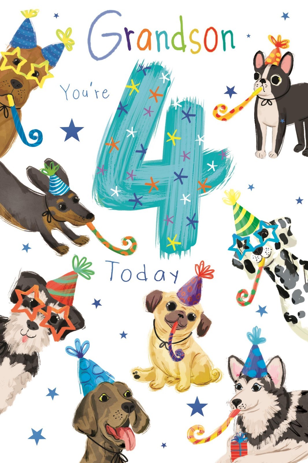 4th Birthday Card for Grandson  Dog Party Design  15x23cm  Colour Insert