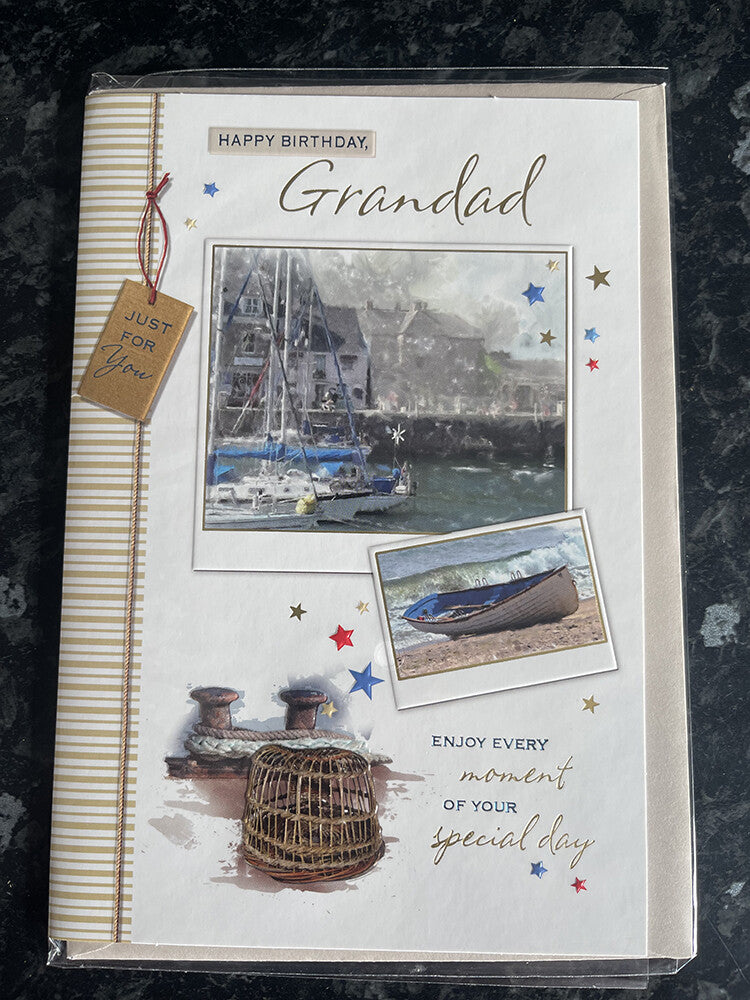 Grandad Happy Birthday Card Yachts Harbour Sea Wall Just For You