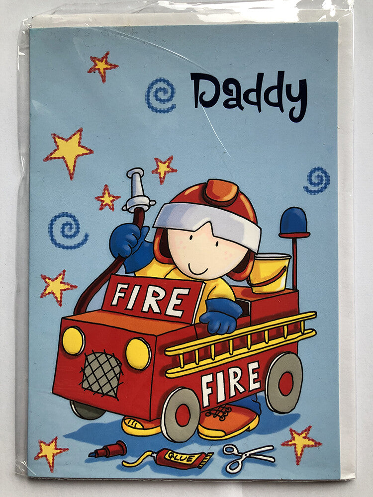 Daddy Happy Birthday Card Cute Boy Fire Engine Hose Helmet Stars