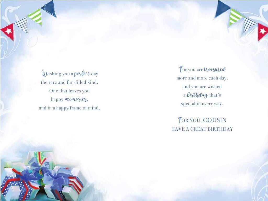 Birthday Card for Cousin 15cm x 23cm Bunting & Gift Boxes Verse Inside