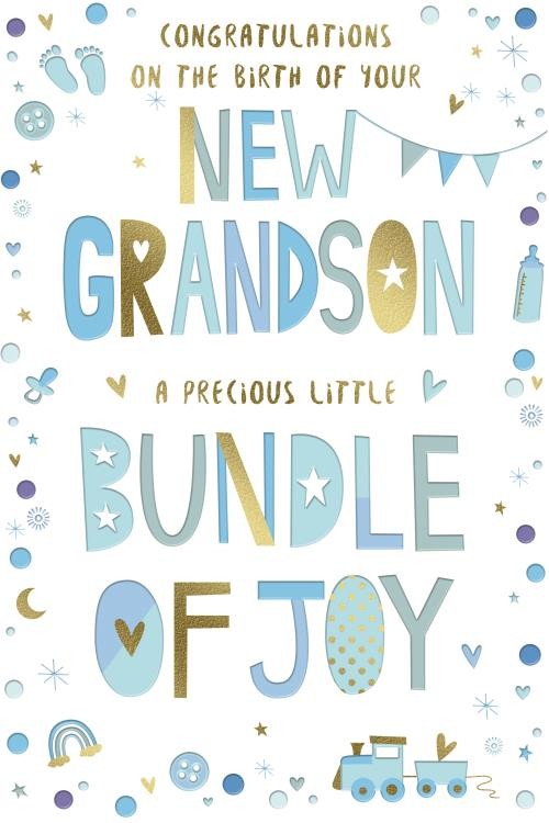 New Grandson Greeting Card  Blue Baby Icons & Verse  15x23cm with Insert
