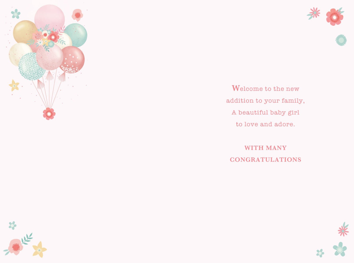 Birth Baby Girl Card Balloons Foil Finish New Baby Lovely Verse