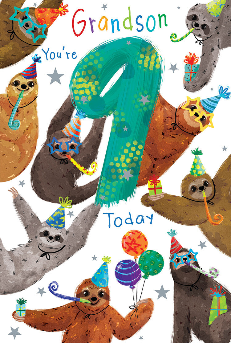 Grandson 9th Birthday Card - Party Sloths Design - Fun 9th Birthday Greeting