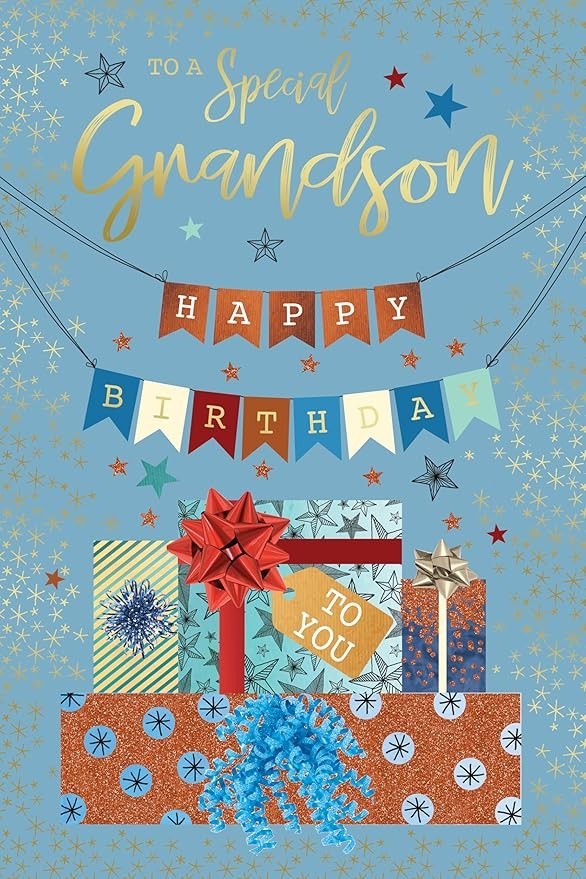 Birthday Card for Grandson  Gift Stack & Bunting  15x23cm  Colour Insert