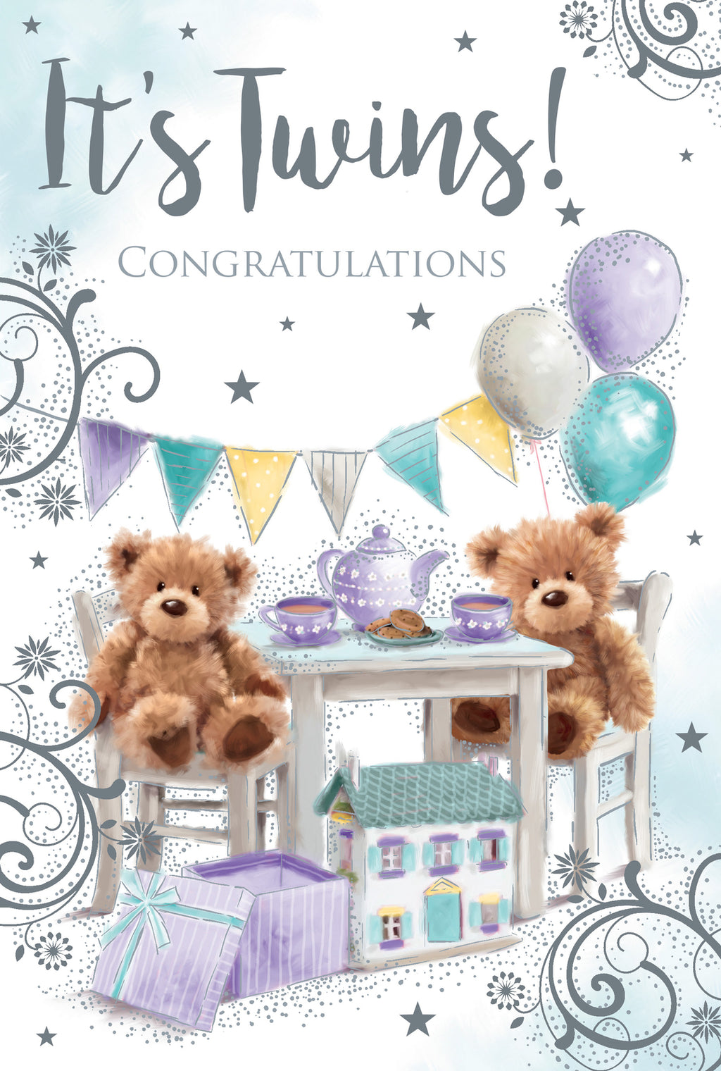 Birth Twins Baby Card Congratulations Presents Bears & Bunting New