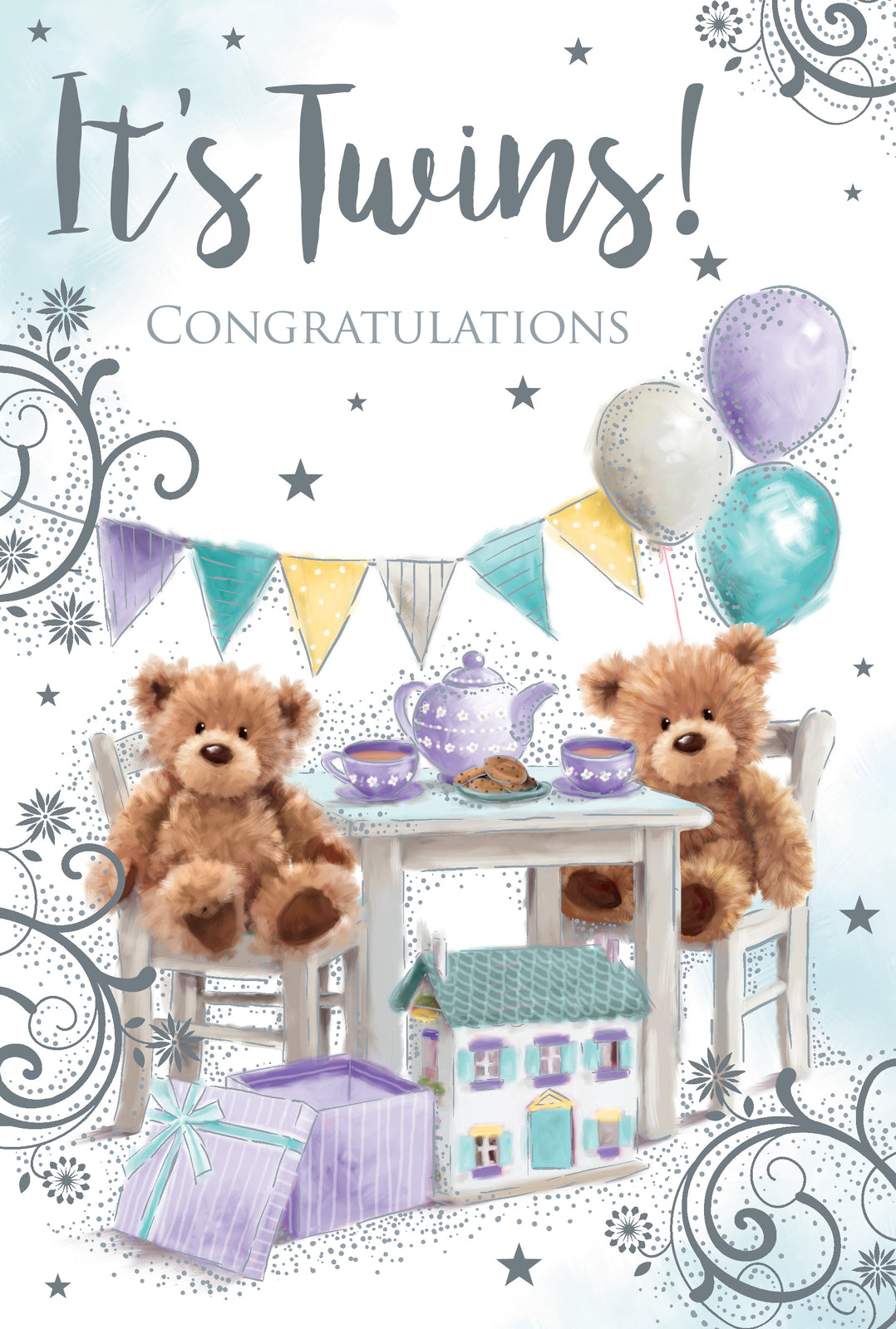 Birth Twins Baby Card Congratulations Presents Bears & Bunting New