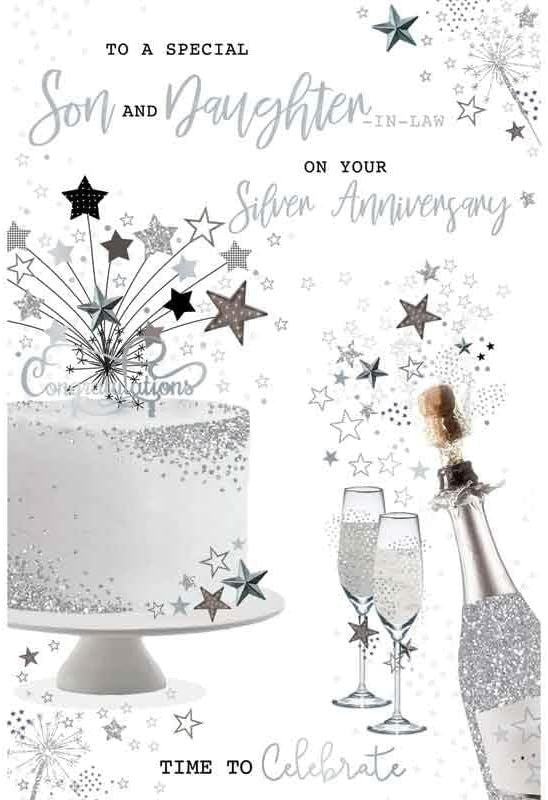 Silver Anniversary Card  Son & Daughter-in-Law  Cake & Champagne 25th 15x23cm