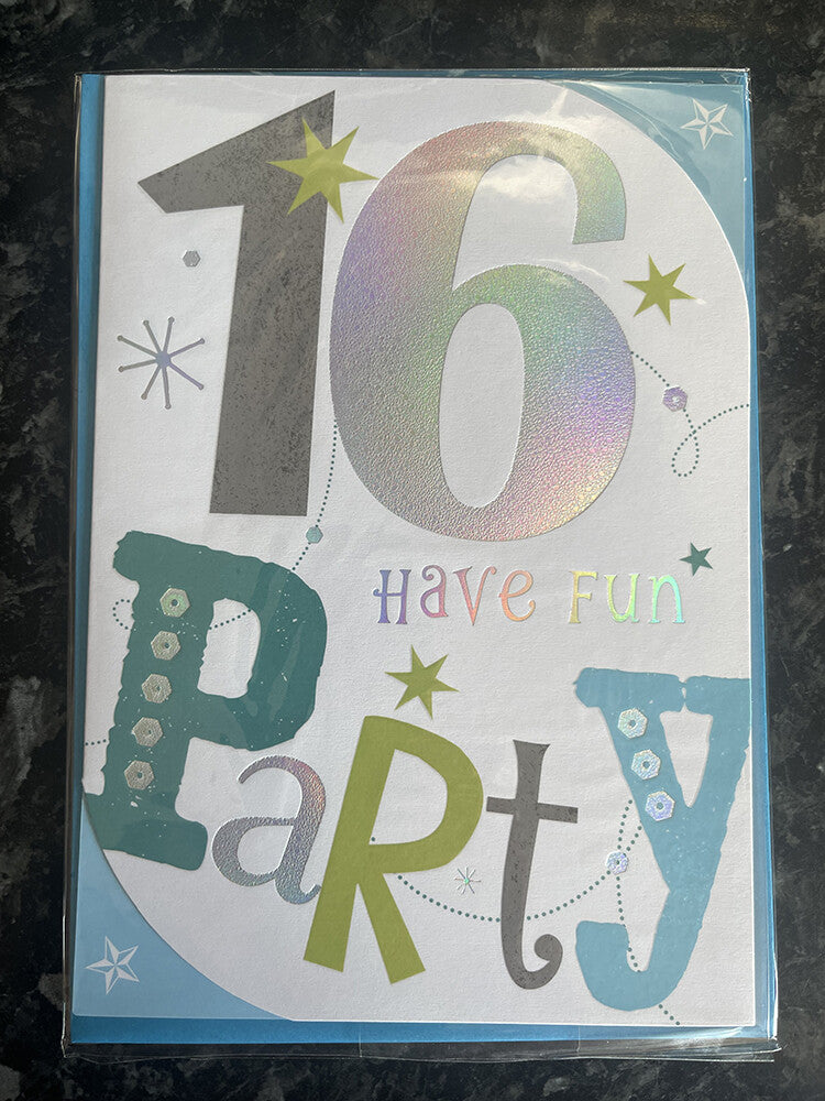 Happy 16th Birthday Card Have Fun Party Stars Swirls