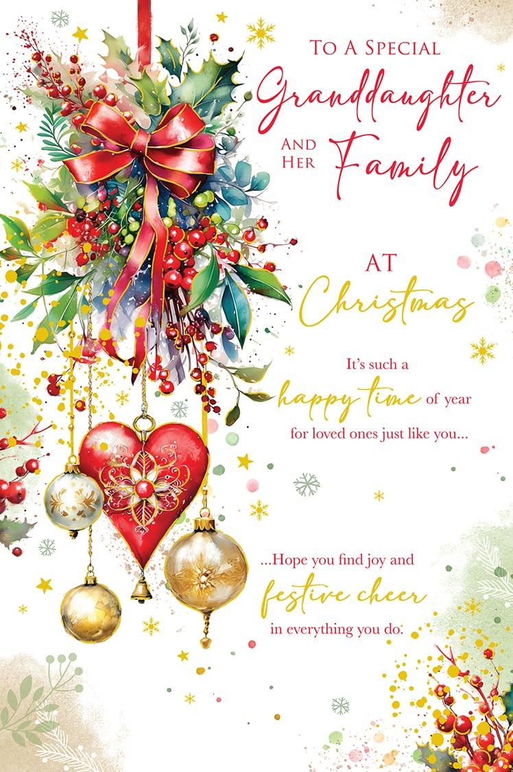 Christmas Card Special Granddaughter & Family Large Gold Heart 15x23cm