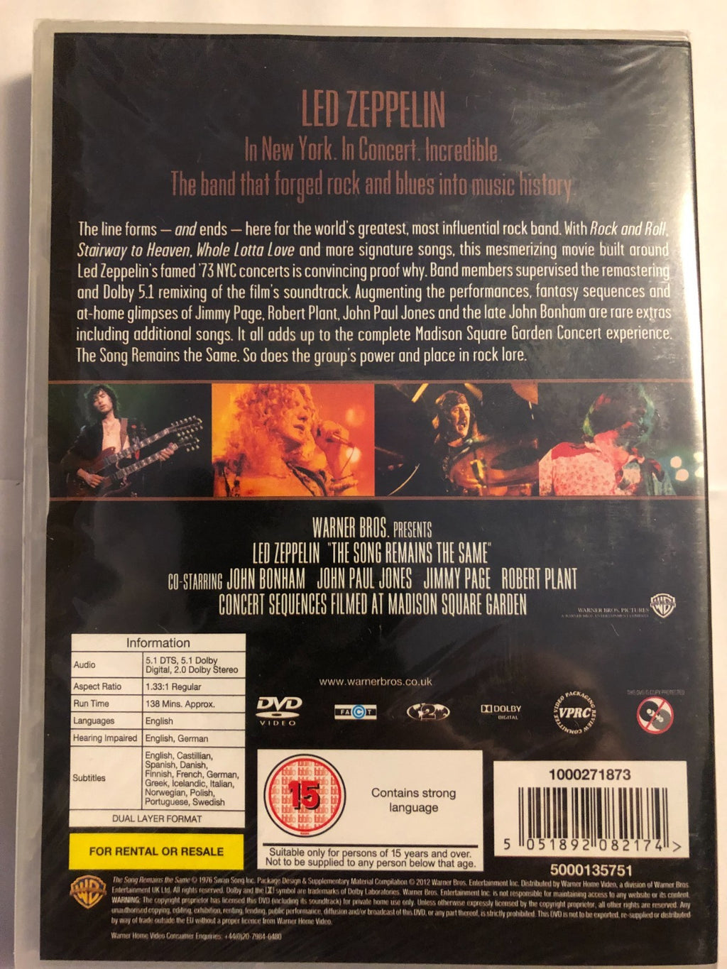 Led Zeppelin: The Song Remains the Same DVD Region 2 UK New & Sealed